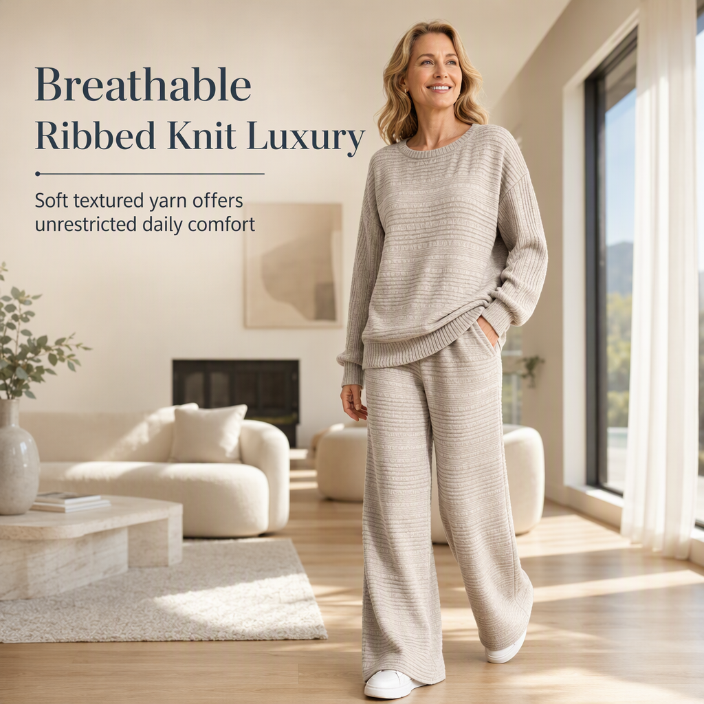 Buttery Soft Ribbed Knit Matching Outfit: Long Sleeve Top & Pocketed Wide Leg Pants