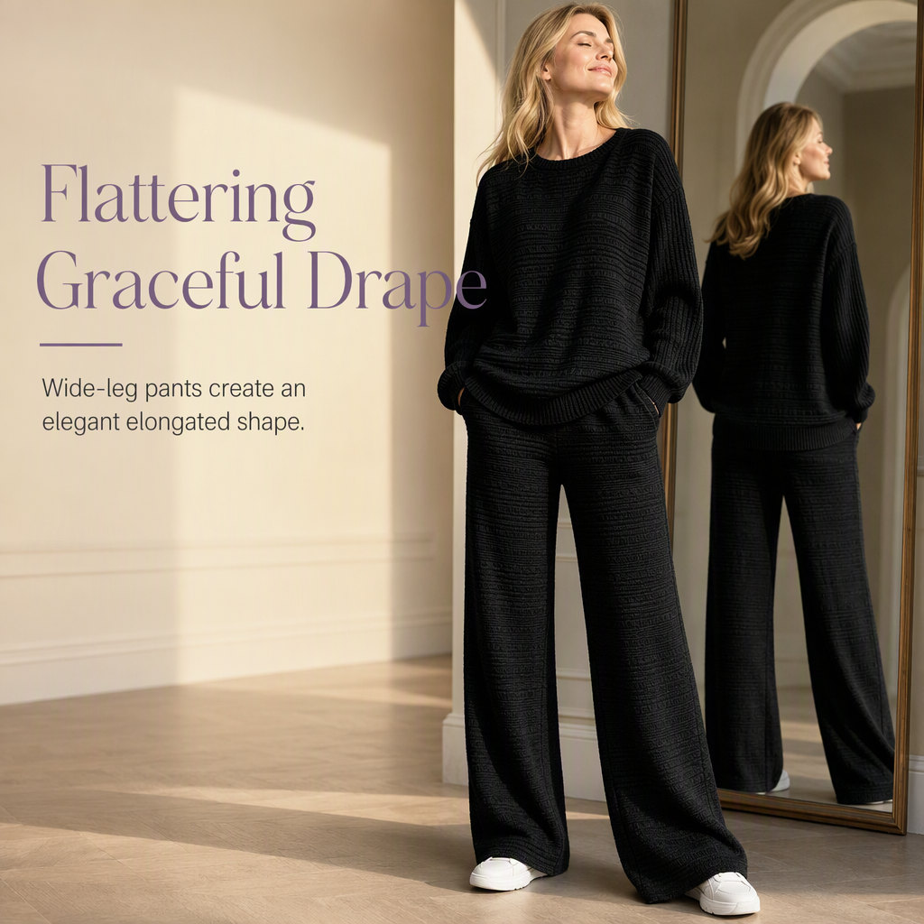 Buttery Soft Ribbed Knit Matching Outfit: Long Sleeve Top & Pocketed Wide Leg Pants