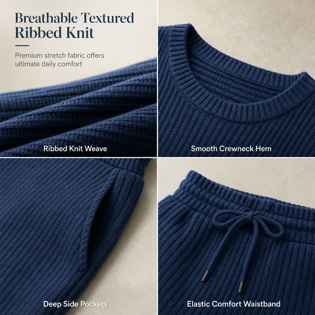 Buttery Soft Ribbed Knit Matching Outfit: Long Sleeve Top & Pocketed Wide Leg Pants