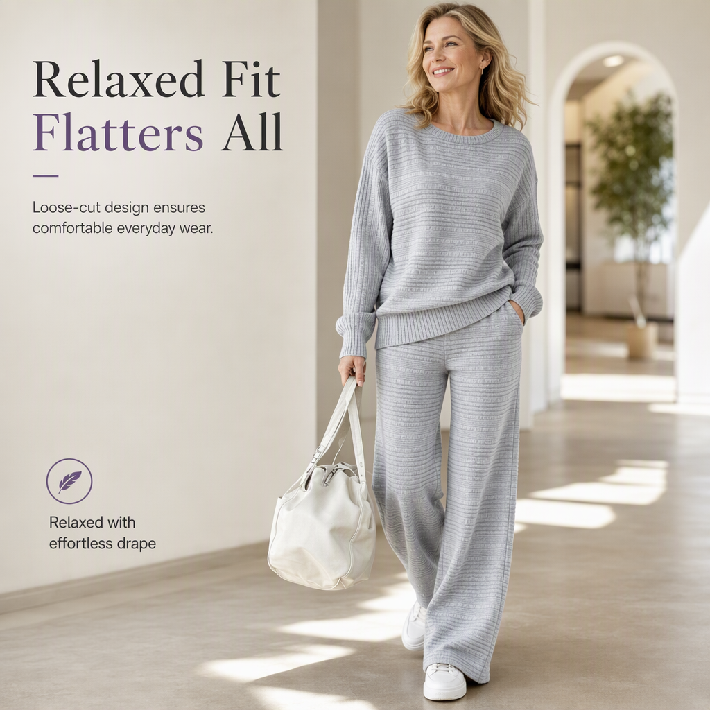 Buttery Soft Ribbed Knit Matching Outfit: Long Sleeve Top & Pocketed Wide Leg Pants