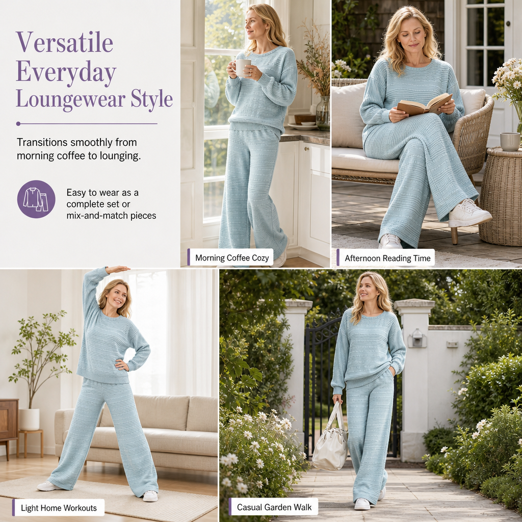 Buttery Soft Ribbed Knit Matching Outfit: Long Sleeve Top & Pocketed Wide Leg Pants