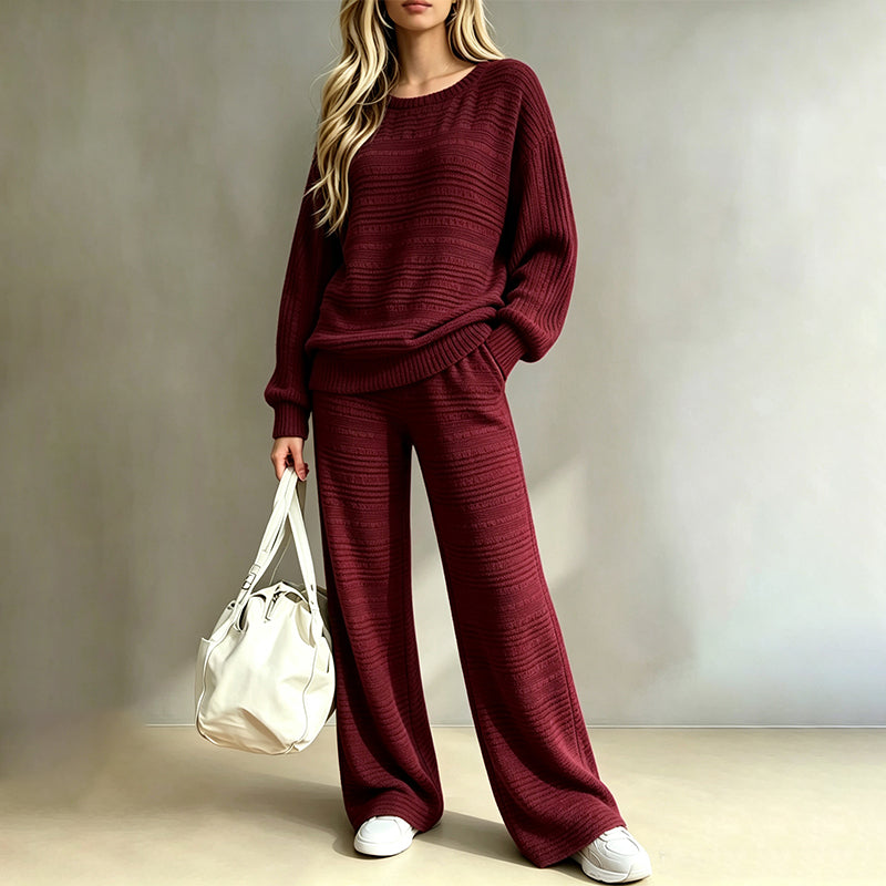 Buttery Soft Ribbed Knit Matching Outfit: Long Sleeve Top & Pocketed Wide Leg Pants