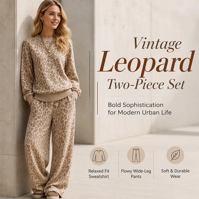 Women's Leopard Print Sweatshirt & Wide-Leg Pants Set, Soft Vintage Leopard Two-Piece Outfit For Casual Urban Everyday Wear