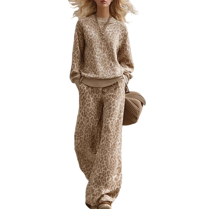 Women's Leopard Print Sweatshirt & Wide-Leg Pants Set, Soft Vintage Leopard Two-Piece Outfit For Casual Urban Everyday Wear