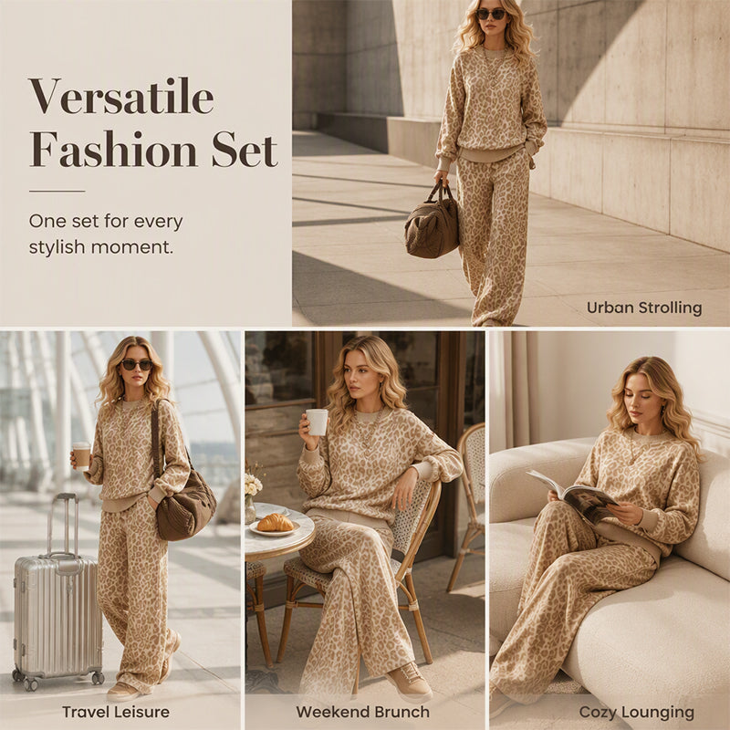 Women's Leopard Print Sweatshirt & Wide-Leg Pants Set, Soft Vintage Leopard Two-Piece Outfit For Casual Urban Everyday Wear