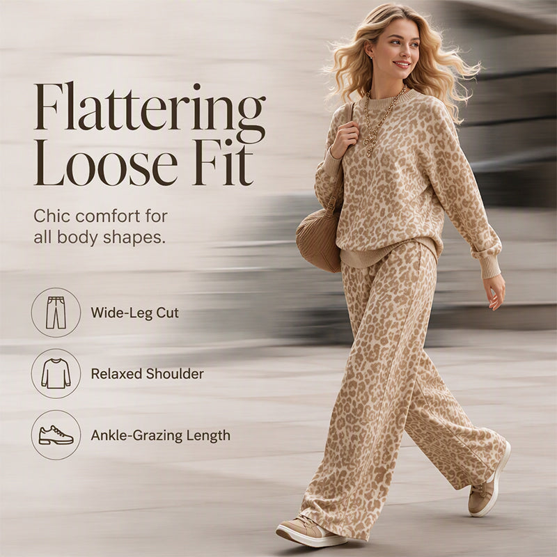 Women's Leopard Print Sweatshirt & Wide-Leg Pants Set, Soft Vintage Leopard Two-Piece Outfit For Casual Urban Everyday Wear