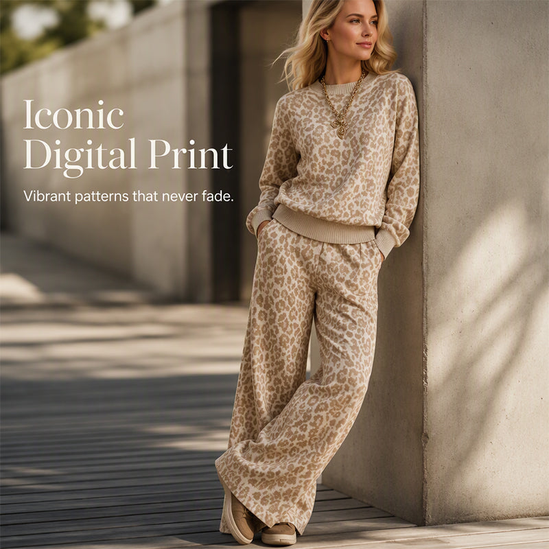 Women's Leopard Print Sweatshirt & Wide-Leg Pants Set, Soft Vintage Leopard Two-Piece Outfit For Casual Urban Everyday Wear