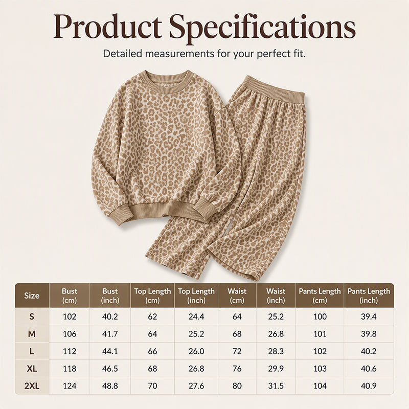 Women's Leopard Print Sweatshirt & Wide-Leg Pants Set, Soft Vintage Leopard Two-Piece Outfit For Casual Urban Everyday Wear