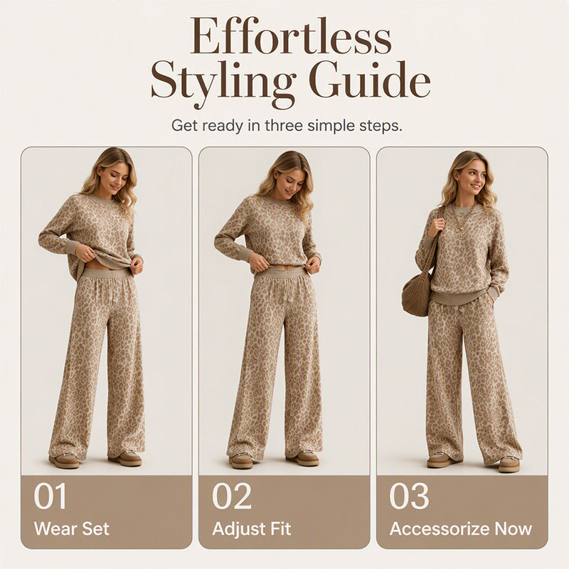 Women's Leopard Print Sweatshirt & Wide-Leg Pants Set, Soft Vintage Leopard Two-Piece Outfit For Casual Urban Everyday Wear