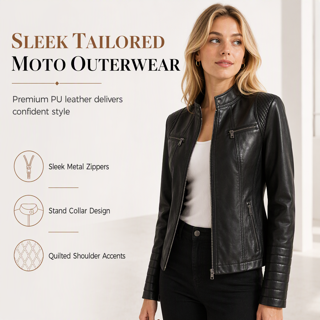 Women's Faux Leather Biker Jacket, Lightweight Short Moto Coat With Stand Collar & Quilted Shoulders, Versatile Outerwear For Spring & Autumn