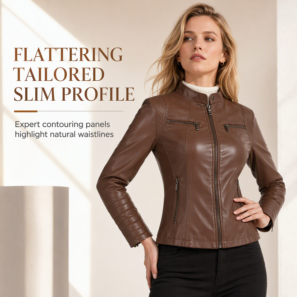 Women's Faux Leather Biker Jacket, Lightweight Short Moto Coat With Stand Collar & Quilted Shoulders, Versatile Outerwear For Spring & Autumn