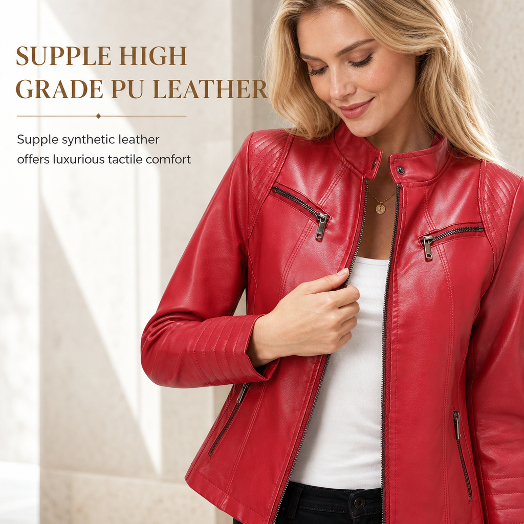 Women's Faux Leather Biker Jacket, Lightweight Short Moto Coat With Stand Collar & Quilted Shoulders, Versatile Outerwear For Spring & Autumn