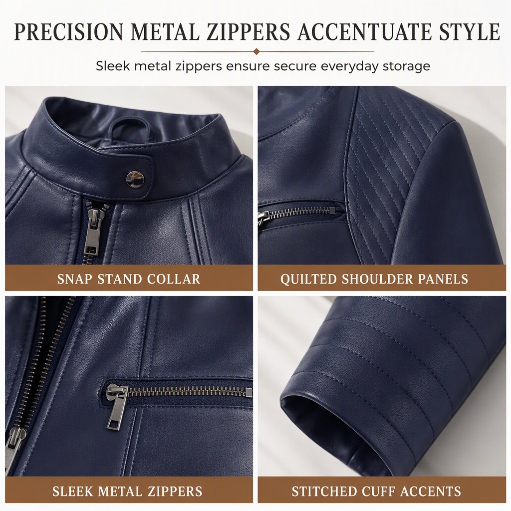 Women's Faux Leather Biker Jacket, Lightweight Short Moto Coat With Stand Collar & Quilted Shoulders, Versatile Outerwear For Spring & Autumn