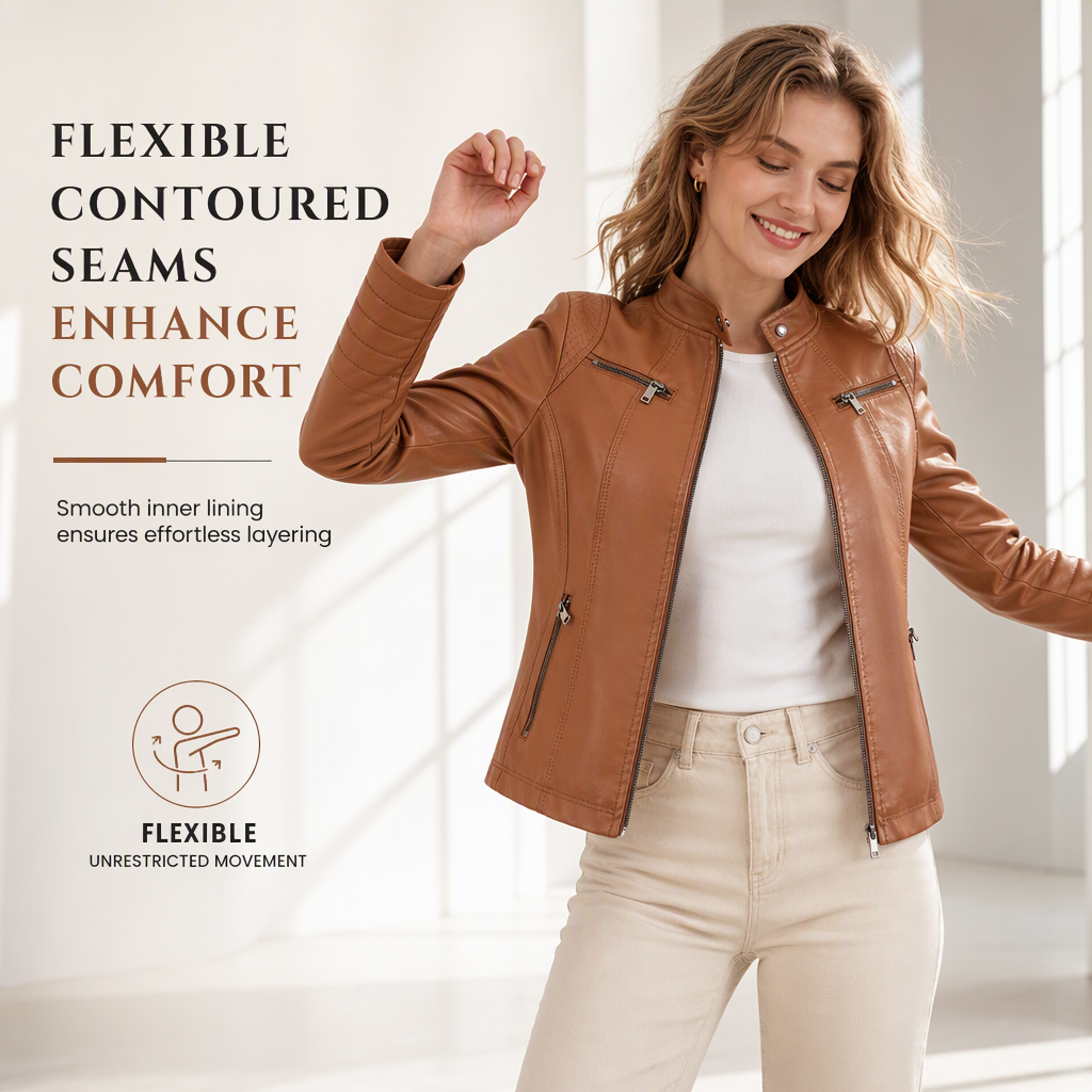 Women's Faux Leather Biker Jacket, Lightweight Short Moto Coat With Stand Collar & Quilted Shoulders, Versatile Outerwear For Spring & Autumn