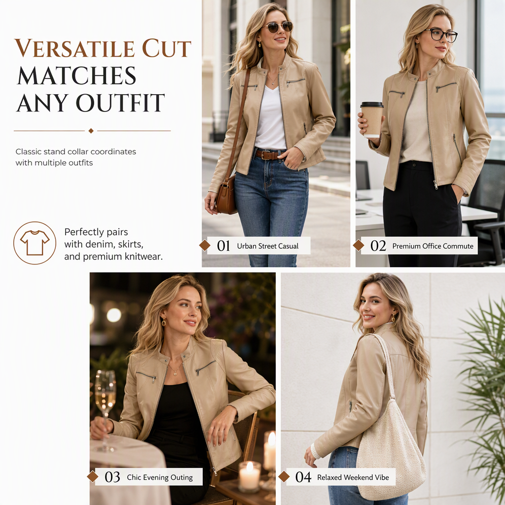 Women's Faux Leather Biker Jacket, Lightweight Short Moto Coat With Stand Collar & Quilted Shoulders, Versatile Outerwear For Spring & Autumn
