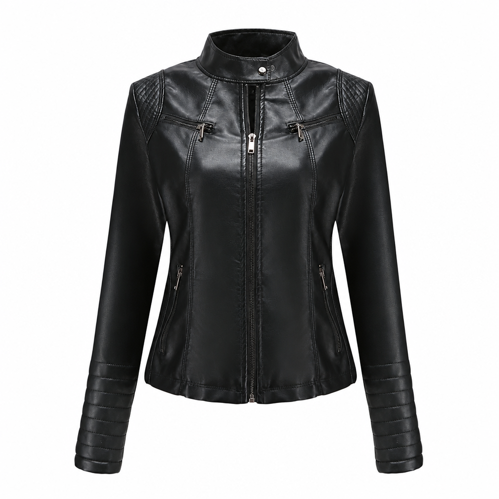 Women's Faux Leather Biker Jacket, Lightweight Short Moto Coat With Stand Collar & Quilted Shoulders, Versatile Outerwear For Spring & Autumn