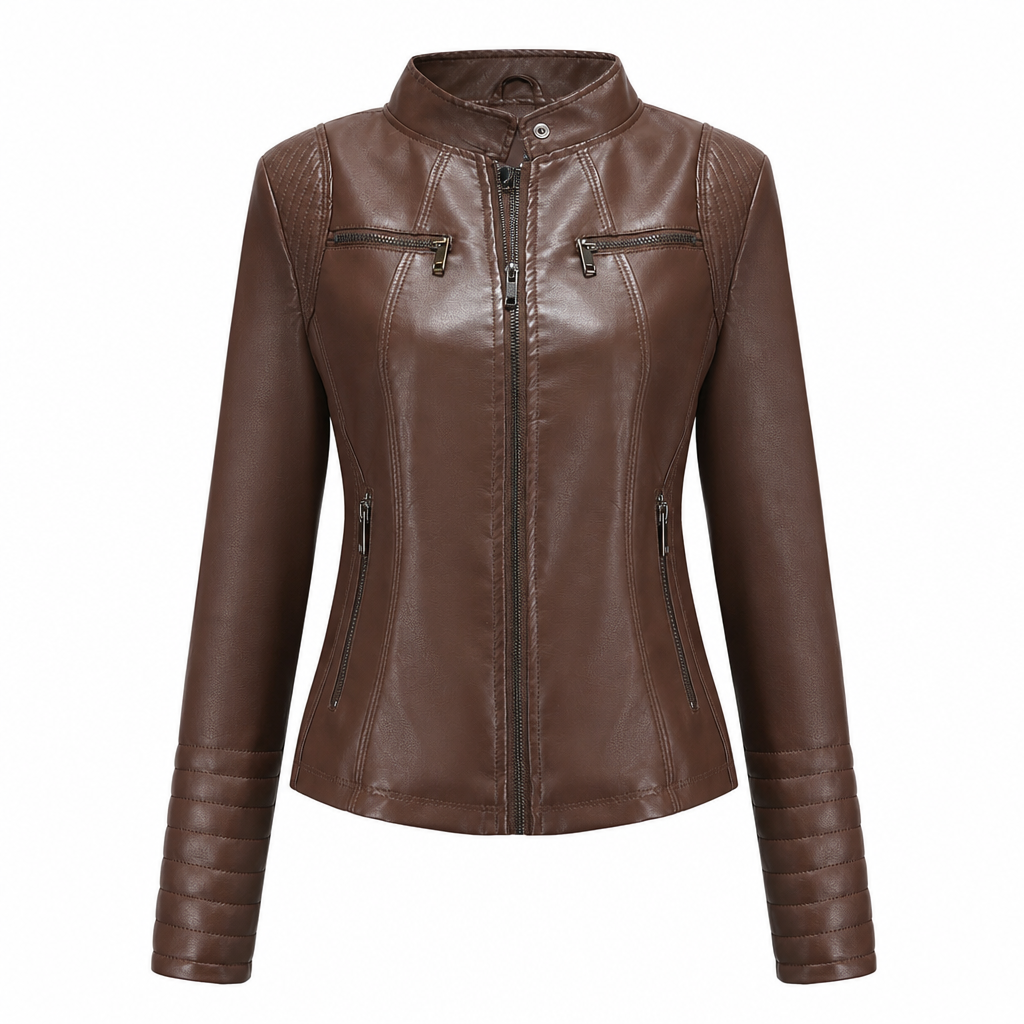 Women's Faux Leather Biker Jacket, Lightweight Short Moto Coat With Stand Collar & Quilted Shoulders, Versatile Outerwear For Spring & Autumn