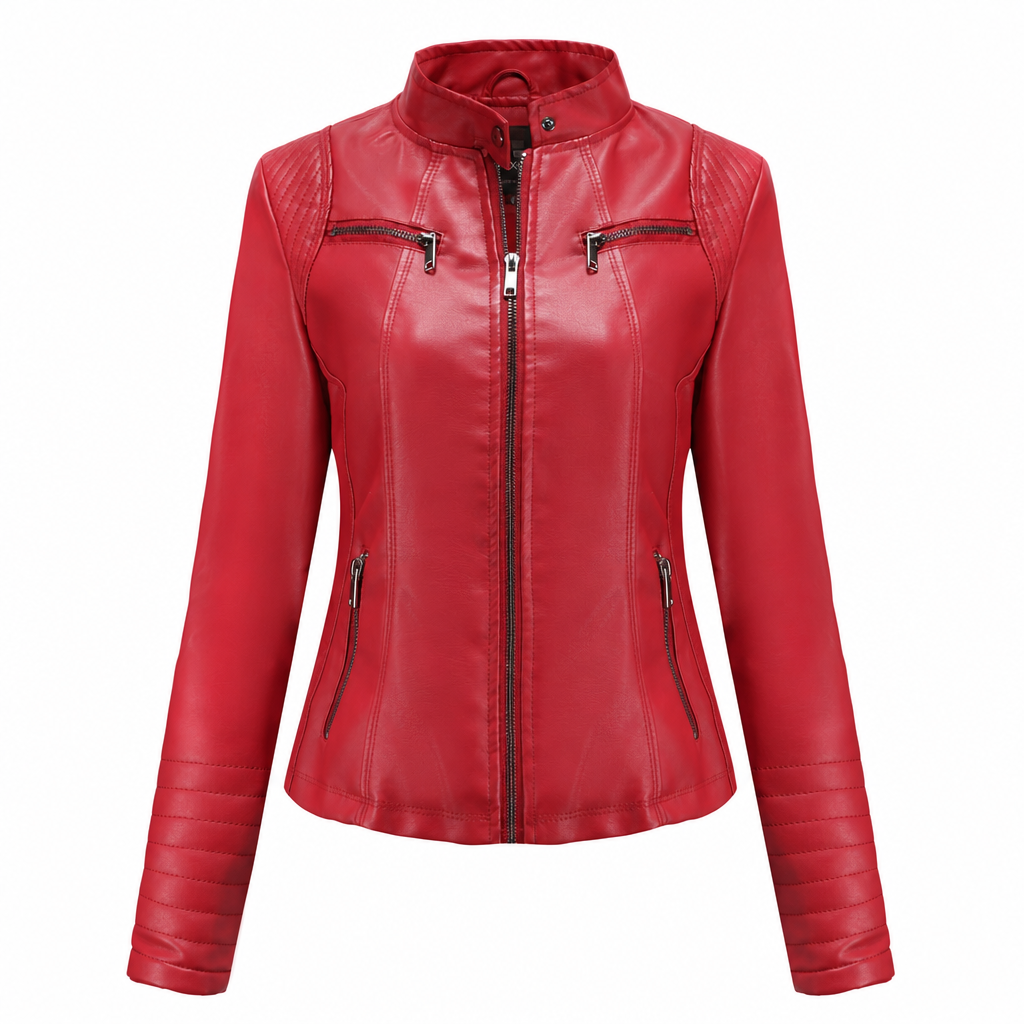 Women's Faux Leather Biker Jacket, Lightweight Short Moto Coat With Stand Collar & Quilted Shoulders, Versatile Outerwear For Spring & Autumn