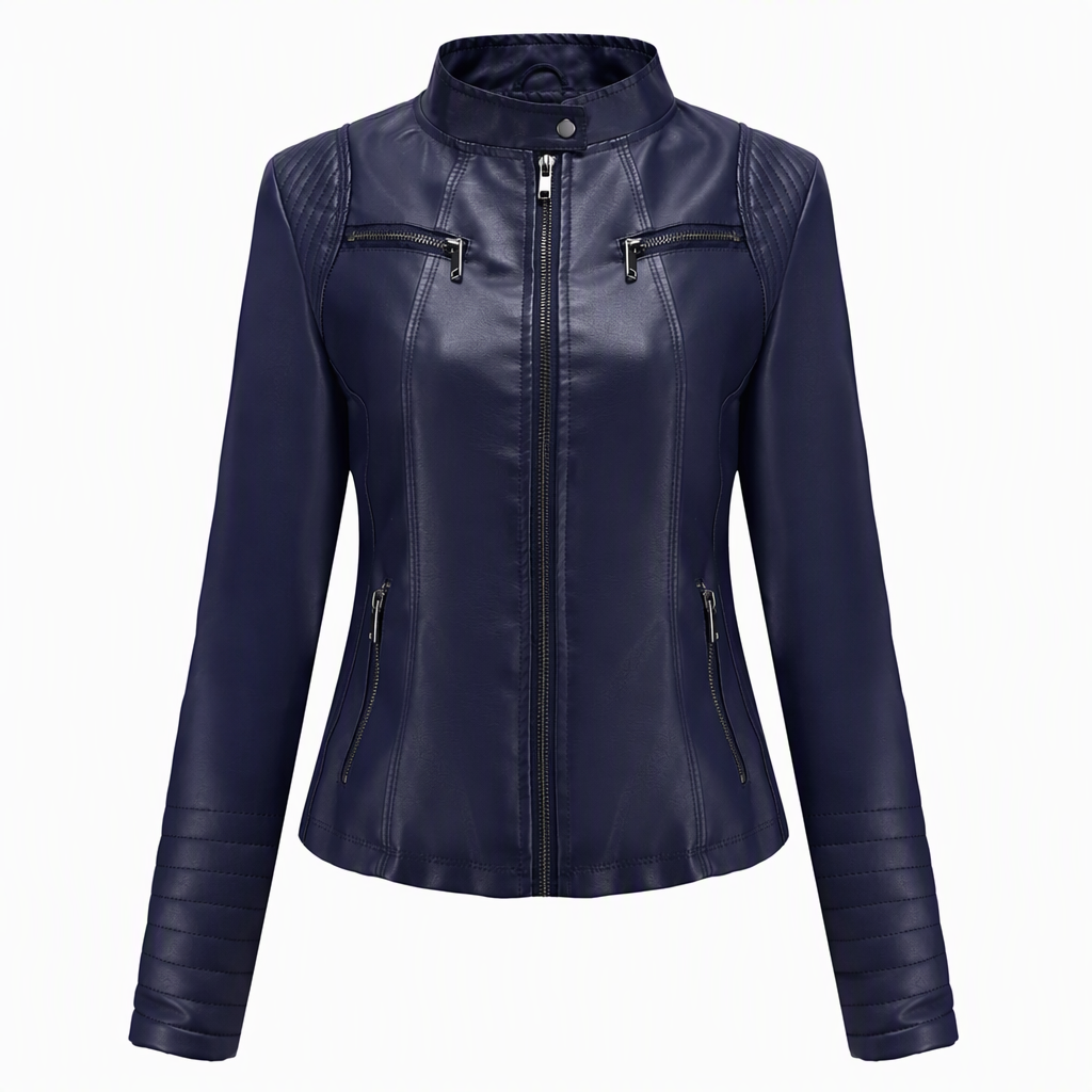 Women's Faux Leather Biker Jacket, Lightweight Short Moto Coat With Stand Collar & Quilted Shoulders, Versatile Outerwear For Spring & Autumn