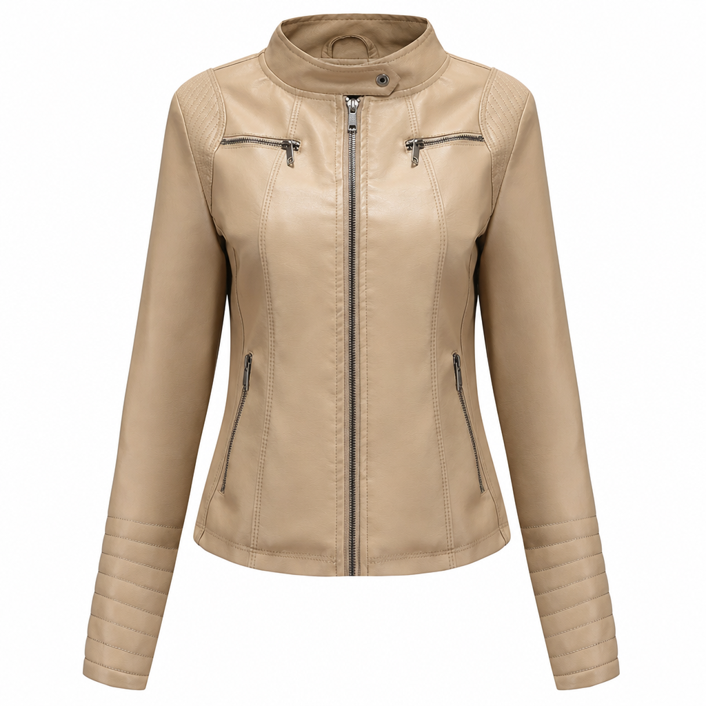 Women's Faux Leather Biker Jacket, Lightweight Short Moto Coat With Stand Collar & Quilted Shoulders, Versatile Outerwear For Spring & Autumn