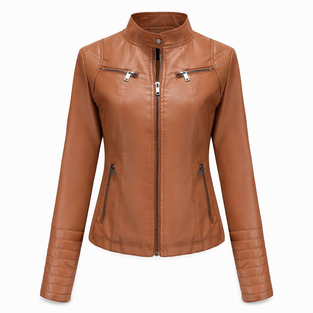 Women's Faux Leather Biker Jacket, Lightweight Short Moto Coat With Stand Collar & Quilted Shoulders, Versatile Outerwear For Spring & Autumn