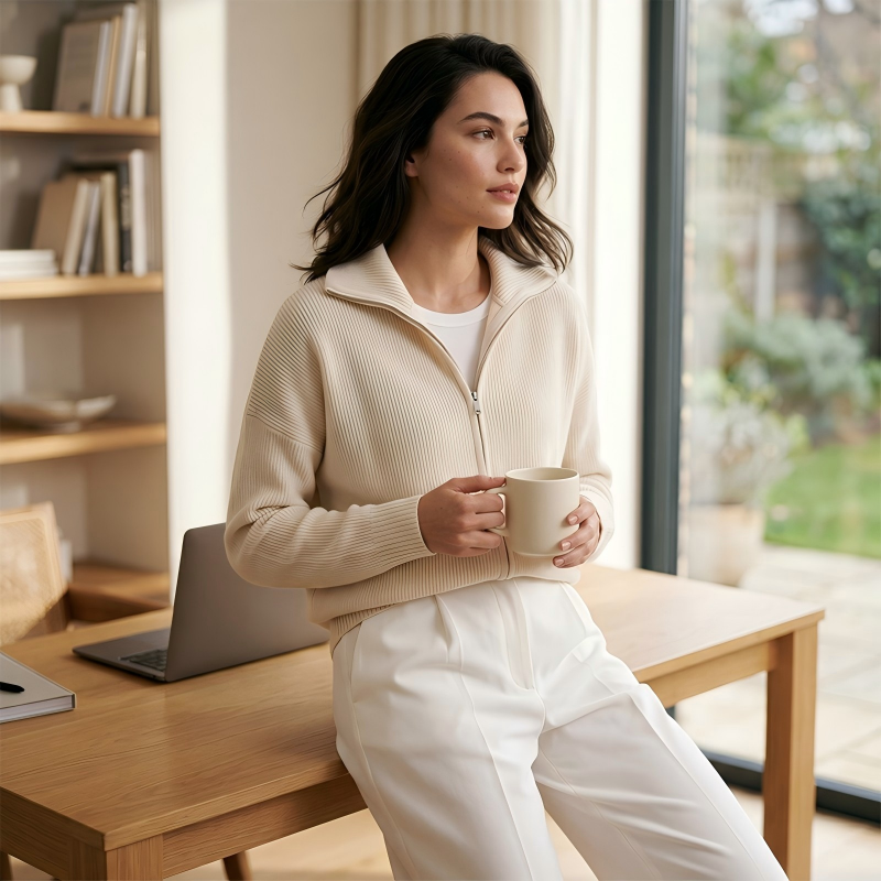 Women’s Ribbed Knit Zip-Up Collared Cardigan – Wear Zipped Fully Or Open For Flexible Everyday Autumn Styling