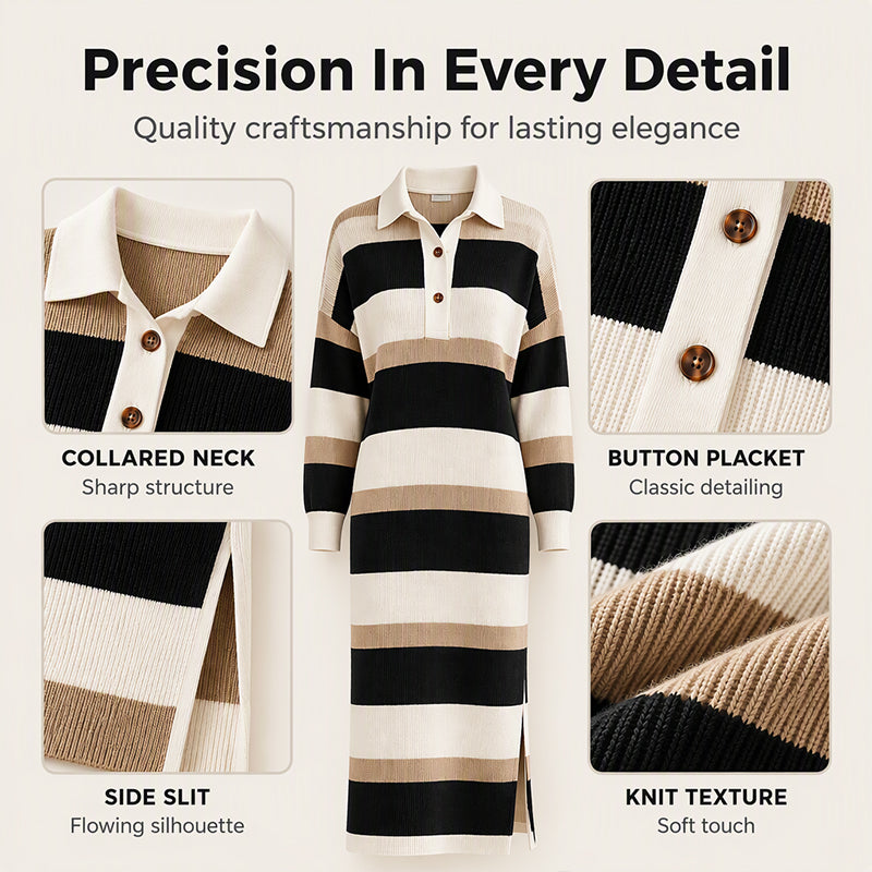 A Classic Look with a Beautiful Modern Touch — Women's Striped Collared Knit Sweater Dress That Brings Timeless Elegance, Charming Texture, and Easy One-Piece Styling to Your Fall Wardrobe