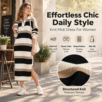 A Classic Look with a Beautiful Modern Touch — Women's Striped Collared Knit Sweater Dress That Brings Timeless Elegance, Charming Texture, and Easy One-Piece Styling to Your Fall Wardrobe