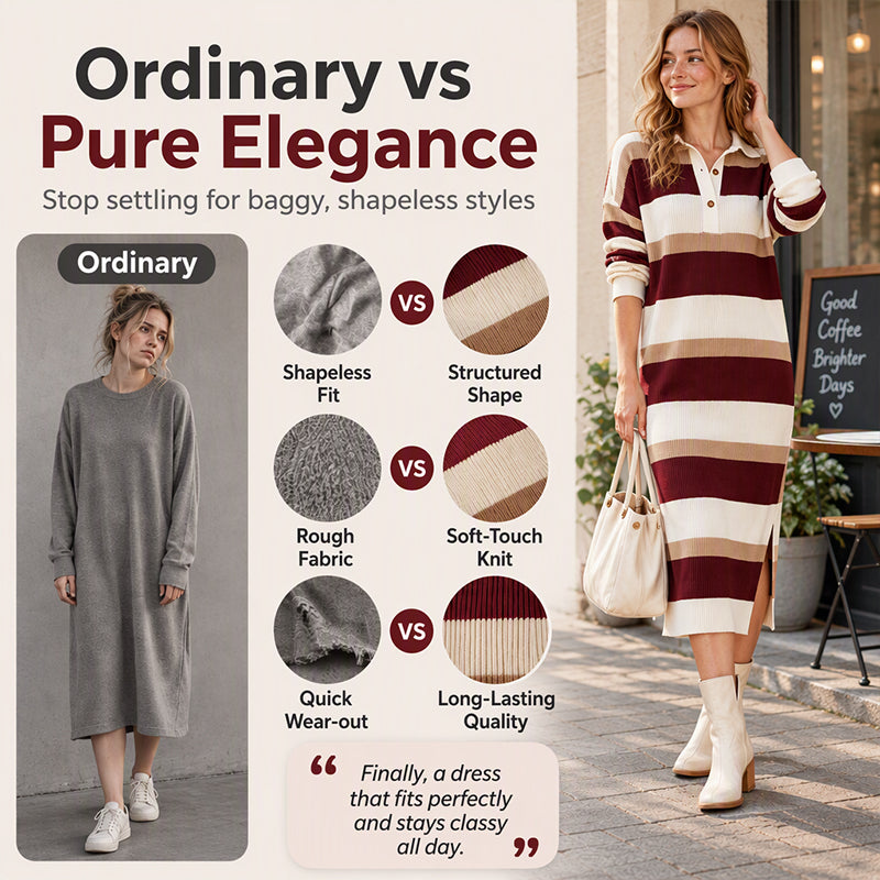 A Classic Look with a Beautiful Modern Touch — Women's Striped Collared Knit Sweater Dress That Brings Timeless Elegance, Charming Texture, and Easy One-Piece Styling to Your Fall Wardrobe