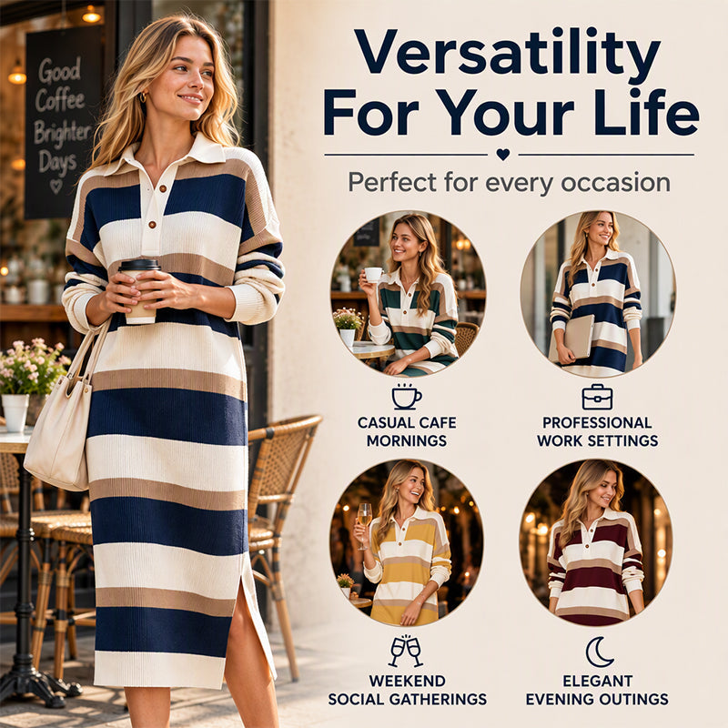 A Classic Look with a Beautiful Modern Touch — Women's Striped Collared Knit Sweater Dress That Brings Timeless Elegance, Charming Texture, and Easy One-Piece Styling to Your Fall Wardrobe