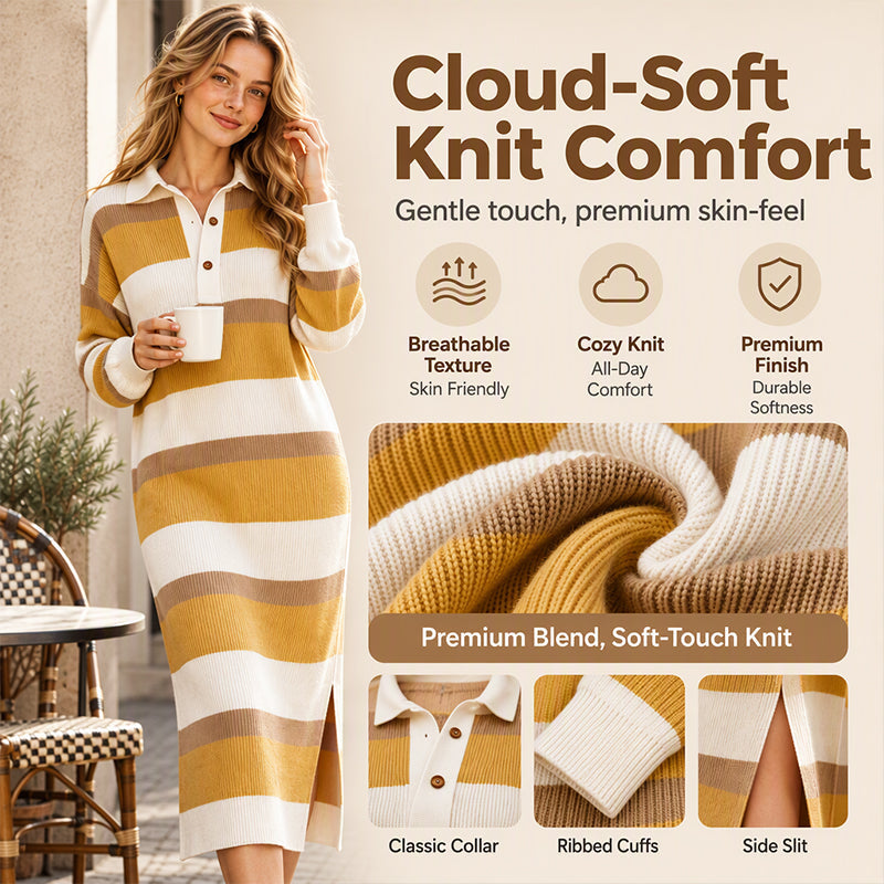 A Classic Look with a Beautiful Modern Touch — Women's Striped Collared Knit Sweater Dress That Brings Timeless Elegance, Charming Texture, and Easy One-Piece Styling to Your Fall Wardrobe