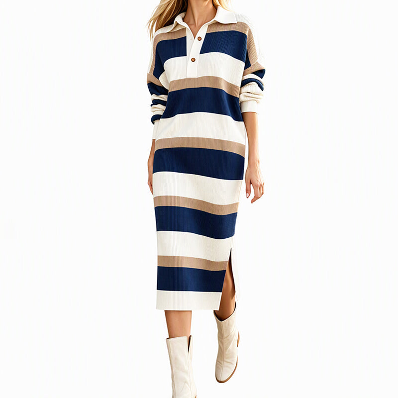 A Classic Look with a Beautiful Modern Touch — Women's Striped Collared Knit Sweater Dress That Brings Timeless Elegance, Charming Texture, and Easy One-Piece Styling to Your Fall Wardrobe