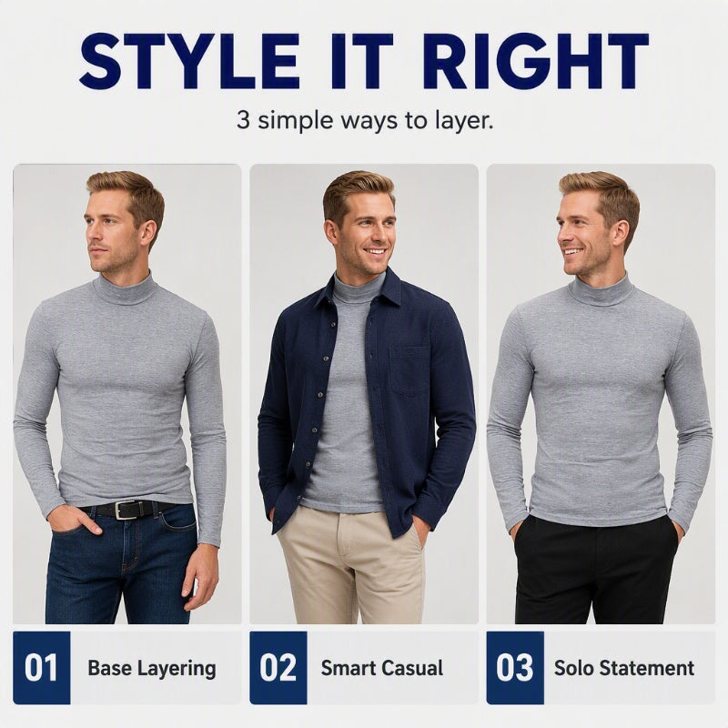 Look Sharper Without Dressing Up — Men's Ultra-Soft Stretch Slim-Fit Mock-Neck Long-Sleeve T-Shirt for a Sleek Silhouette, All-Day Ease, and Classic Everyday Style