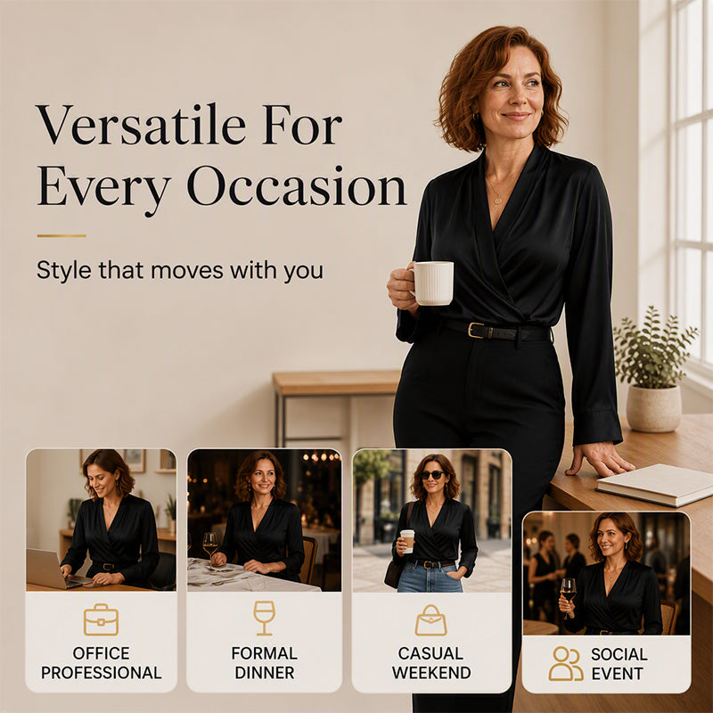 A Touch of Elegance Makes All the Difference — Women's Silky V-Neck Draped Top with a Graceful Silhouette, Beautifully Flowing Details, and Timeless Feminine Charm