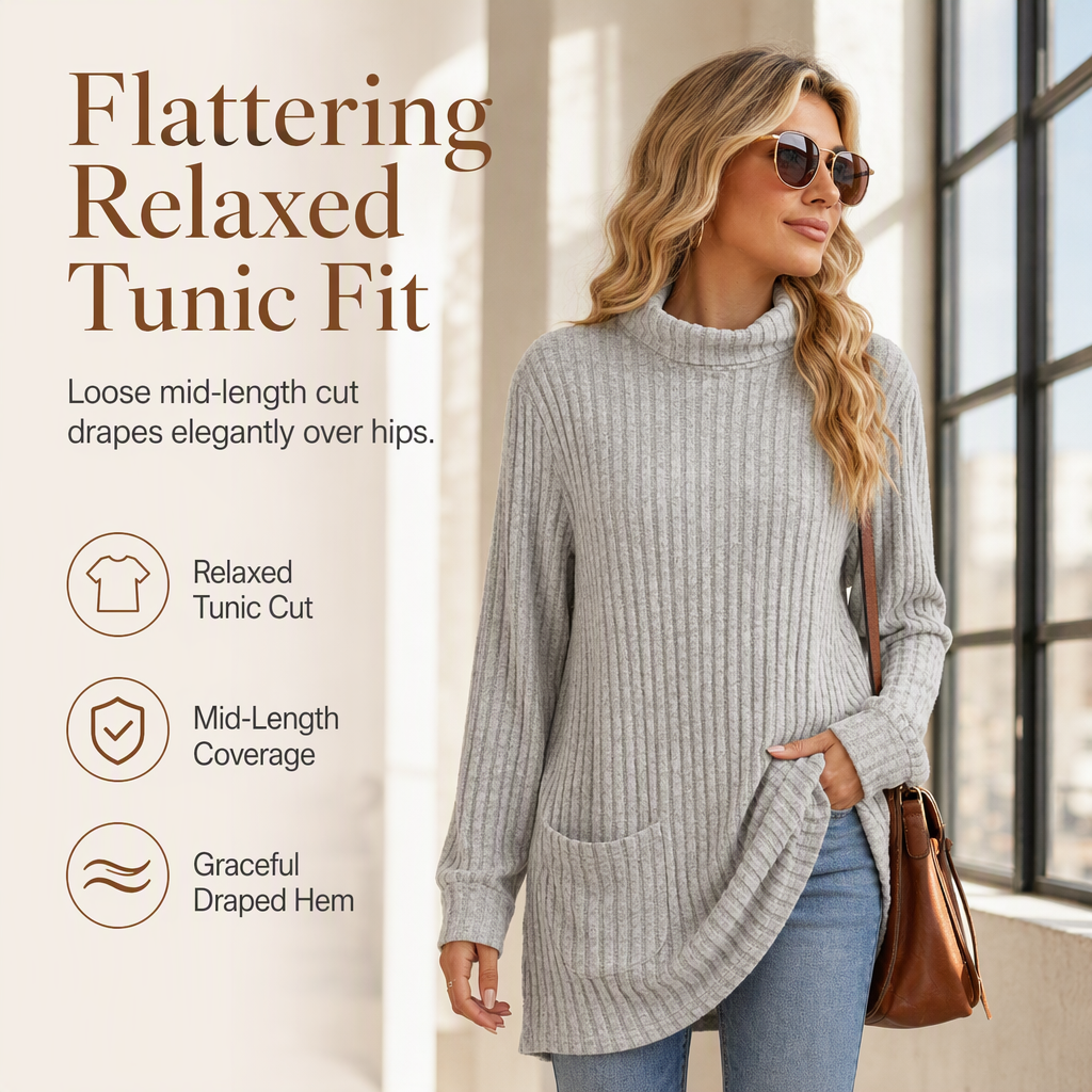 Finally, a Long-Sleeve Top That Doesn't Cling to Every Curve! Women's Relaxed-Fit Mock Neck T-Shirt with a Comfortable Loose Silhouette, Refined Neckline & Easy Everyday Style for Women Who Love Looking Good Without Dressing Up Too Much! 🍂💕