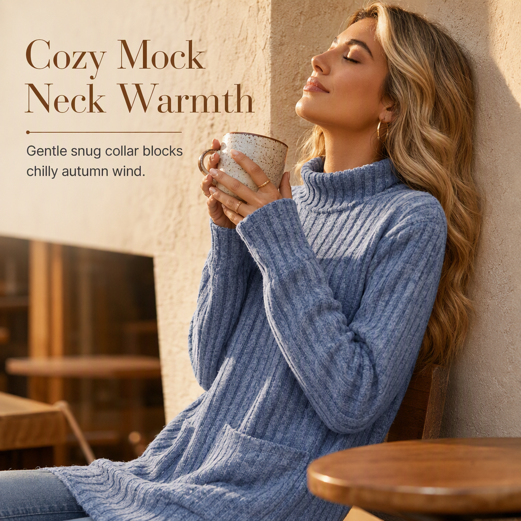 Finally, a Long-Sleeve Top That Doesn't Cling to Every Curve! Women's Relaxed-Fit Mock Neck T-Shirt with a Comfortable Loose Silhouette, Refined Neckline & Easy Everyday Style for Women Who Love Looking Good Without Dressing Up Too Much! 🍂💕