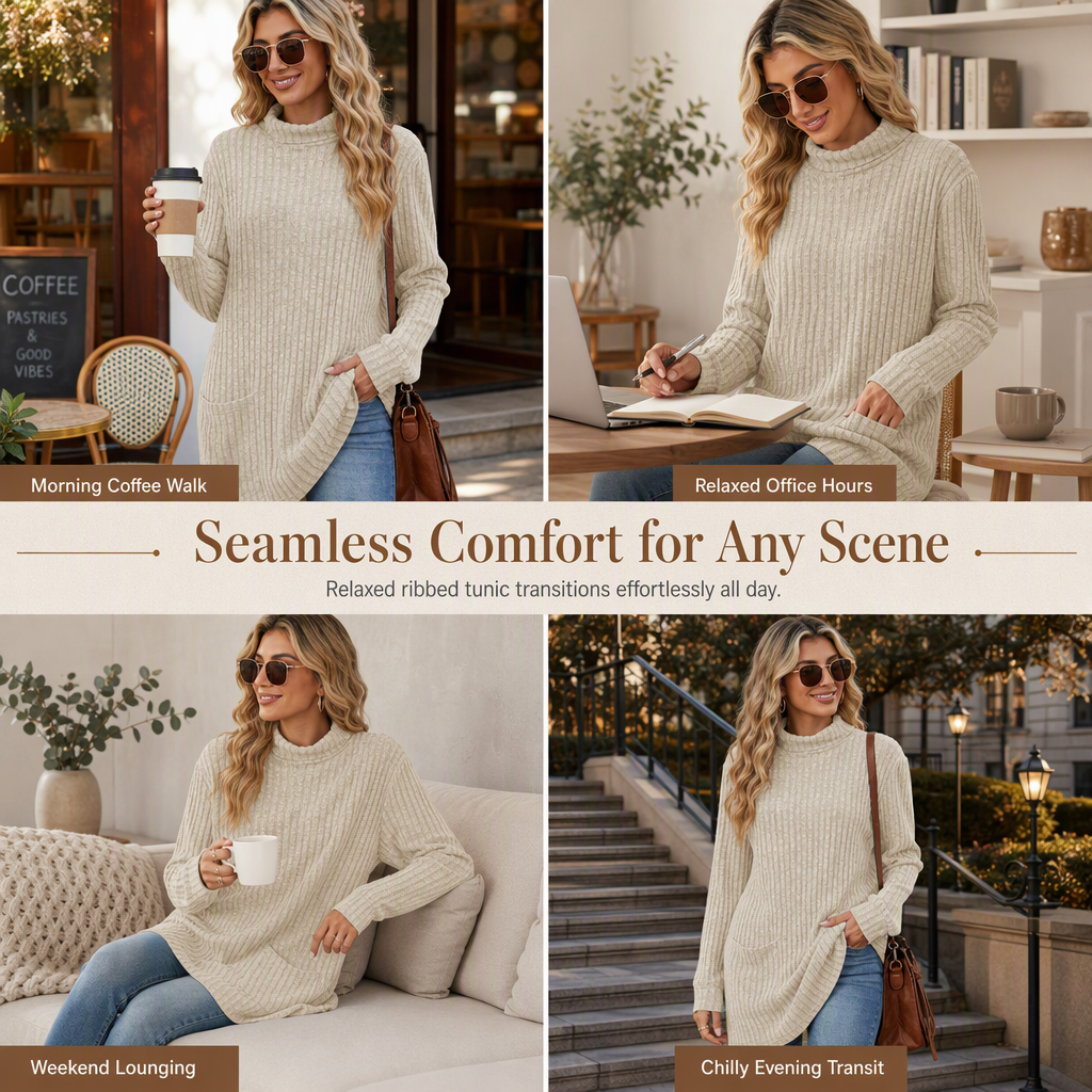 Finally, a Long-Sleeve Top That Doesn't Cling to Every Curve! Women's Relaxed-Fit Mock Neck T-Shirt with a Comfortable Loose Silhouette, Refined Neckline & Easy Everyday Style for Women Who Love Looking Good Without Dressing Up Too Much! 🍂💕