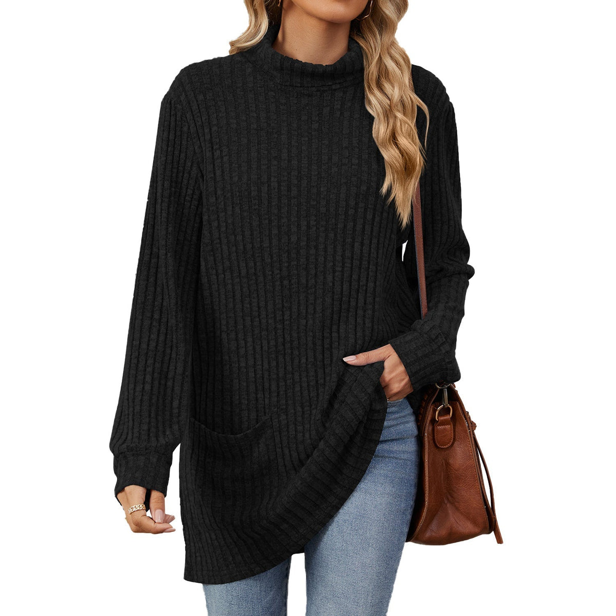 Finally, a Long-Sleeve Top That Doesn't Cling to Every Curve! Women's Relaxed-Fit Mock Neck T-Shirt with a Comfortable Loose Silhouette, Refined Neckline & Easy Everyday Style for Women Who Love Looking Good Without Dressing Up Too Much! 🍂💕