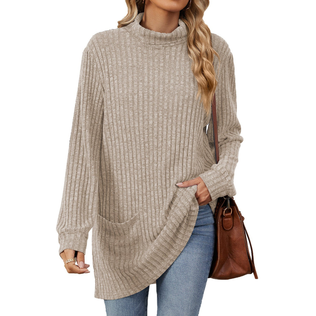 Finally, a Long-Sleeve Top That Doesn't Cling to Every Curve! Women's Relaxed-Fit Mock Neck T-Shirt with a Comfortable Loose Silhouette, Refined Neckline & Easy Everyday Style for Women Who Love Looking Good Without Dressing Up Too Much! 🍂💕