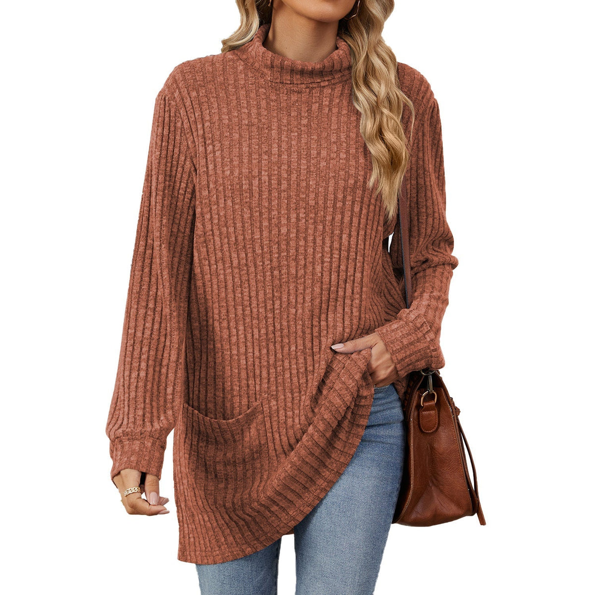 Finally, a Long-Sleeve Top That Doesn't Cling to Every Curve! Women's Relaxed-Fit Mock Neck T-Shirt with a Comfortable Loose Silhouette, Refined Neckline & Easy Everyday Style for Women Who Love Looking Good Without Dressing Up Too Much! 🍂💕