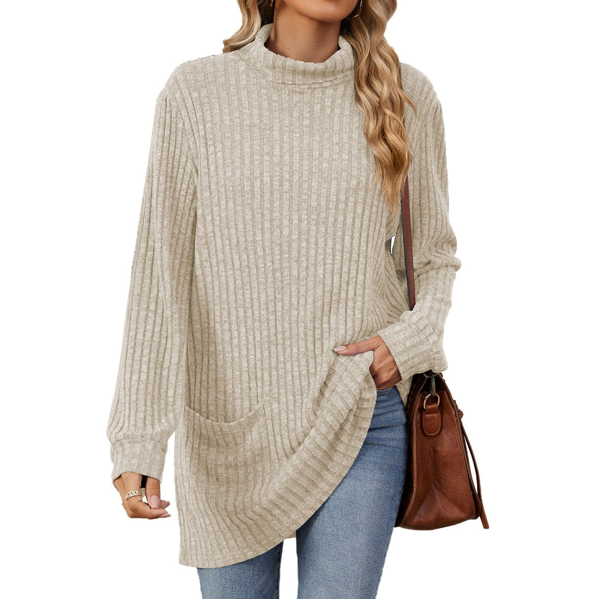 Finally, a Long-Sleeve Top That Doesn't Cling to Every Curve! Women's Relaxed-Fit Mock Neck T-Shirt with a Comfortable Loose Silhouette, Refined Neckline & Easy Everyday Style for Women Who Love Looking Good Without Dressing Up Too Much! 🍂💕