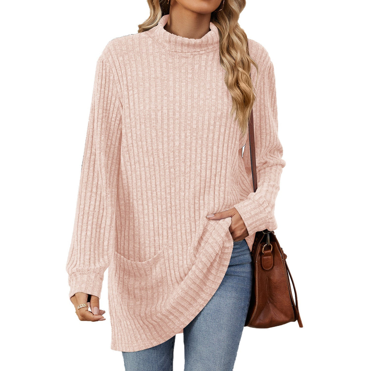 Finally, a Long-Sleeve Top That Doesn't Cling to Every Curve! Women's Relaxed-Fit Mock Neck T-Shirt with a Comfortable Loose Silhouette, Refined Neckline & Easy Everyday Style for Women Who Love Looking Good Without Dressing Up Too Much! 🍂💕