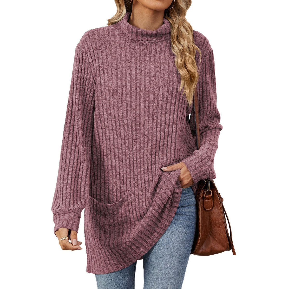 Finally, a Long-Sleeve Top That Doesn't Cling to Every Curve! Women's Relaxed-Fit Mock Neck T-Shirt with a Comfortable Loose Silhouette, Refined Neckline & Easy Everyday Style for Women Who Love Looking Good Without Dressing Up Too Much! 🍂💕