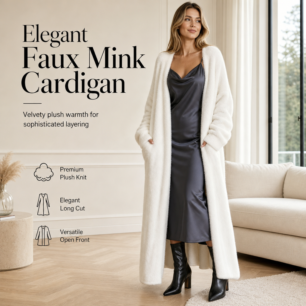 Wrap Yourself in Soft, Luxurious-Looking Warmth — Women's Fluffy Faux-Mink Fleece Long Cardigan with a Relaxed Oversized Fit, Elegant Knit Texture, and Timeless Fall & Winter Charm