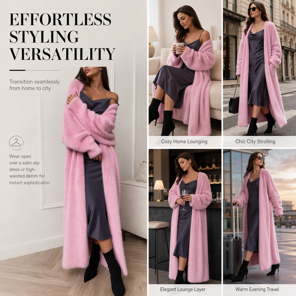 Wrap Yourself in Soft, Luxurious-Looking Warmth — Women's Fluffy Faux-Mink Fleece Long Cardigan with a Relaxed Oversized Fit, Elegant Knit Texture, and Timeless Fall & Winter Charm