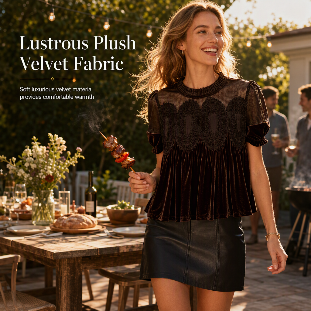 Who Says a Solid-Color Top Has to Be Boring? Women's Short Sleeve Blouse with a Charming Ruffle Collar, Delicate Lace Patchwork & Beautiful Pleated Details — A Lovely Way to Add Feminine Elegance to Your Everyday Wardrobe! 💕