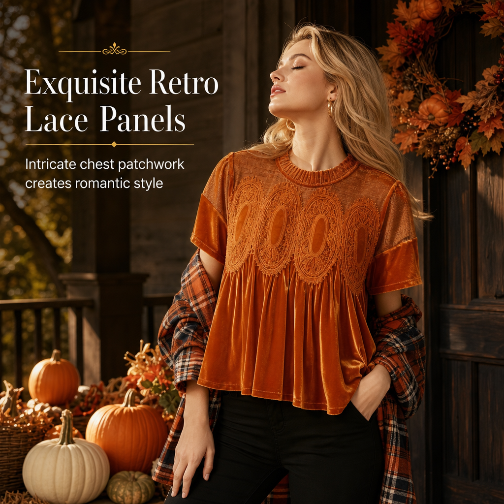 Who Says a Solid-Color Top Has to Be Boring? Women's Short Sleeve Blouse with a Charming Ruffle Collar, Delicate Lace Patchwork & Beautiful Pleated Details — A Lovely Way to Add Feminine Elegance to Your Everyday Wardrobe! 💕