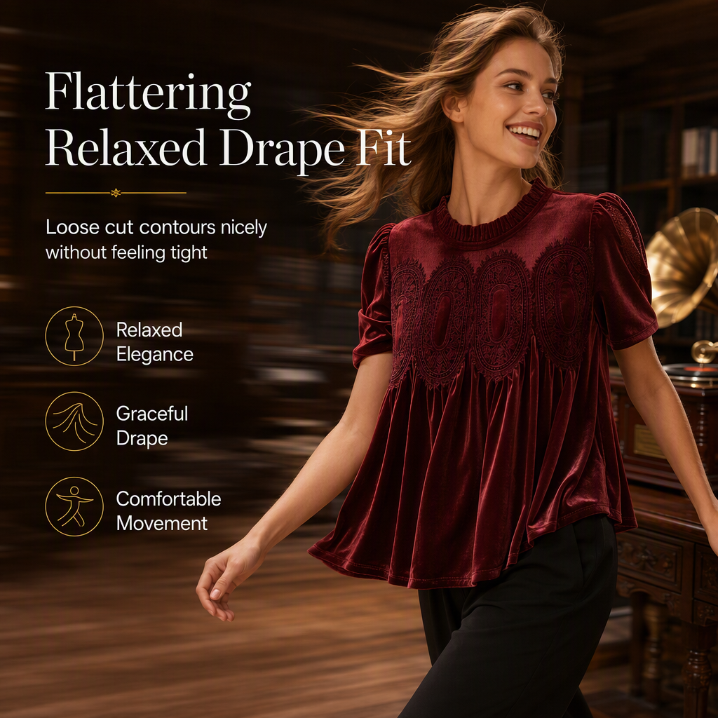 Who Says a Solid-Color Top Has to Be Boring? Women's Short Sleeve Blouse with a Charming Ruffle Collar, Delicate Lace Patchwork & Beautiful Pleated Details — A Lovely Way to Add Feminine Elegance to Your Everyday Wardrobe! 💕