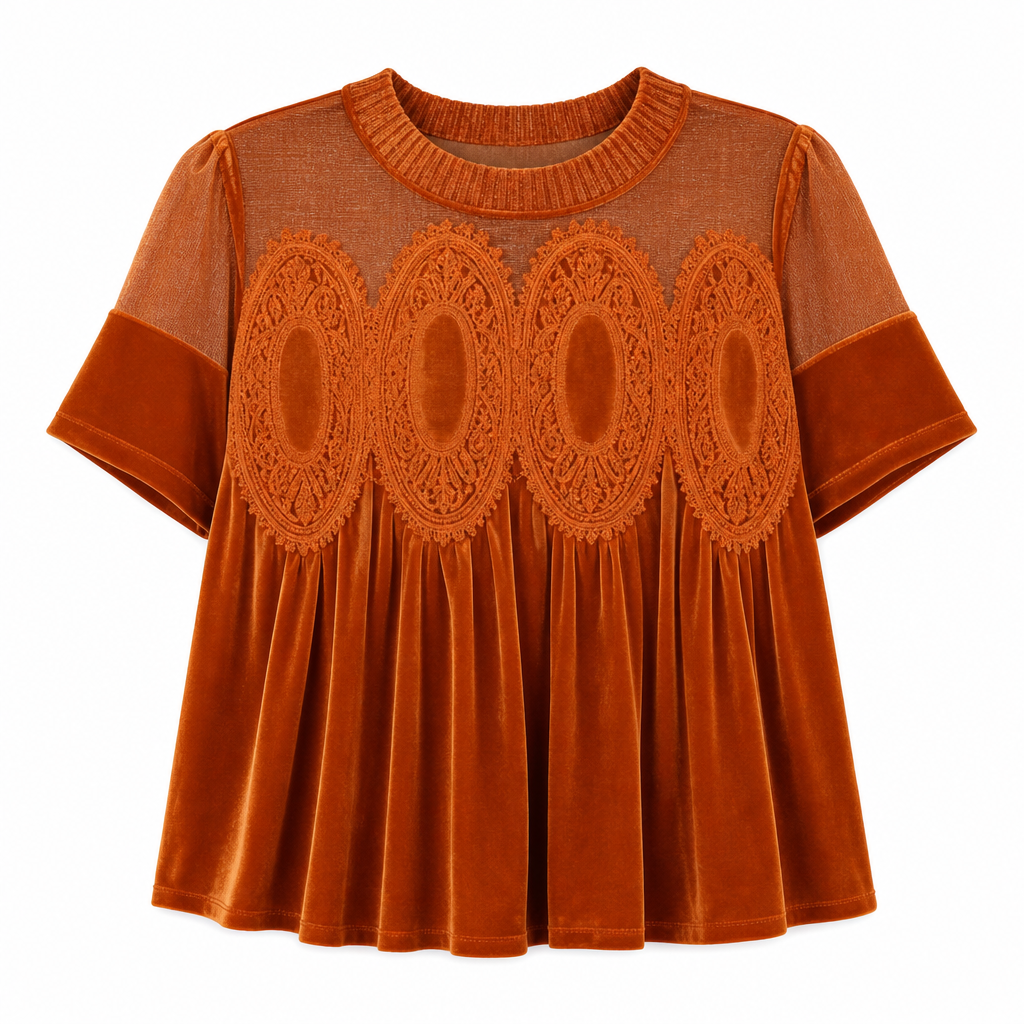 Who Says a Solid-Color Top Has to Be Boring? Women's Short Sleeve Blouse with a Charming Ruffle Collar, Delicate Lace Patchwork & Beautiful Pleated Details — A Lovely Way to Add Feminine Elegance to Your Everyday Wardrobe! 💕
