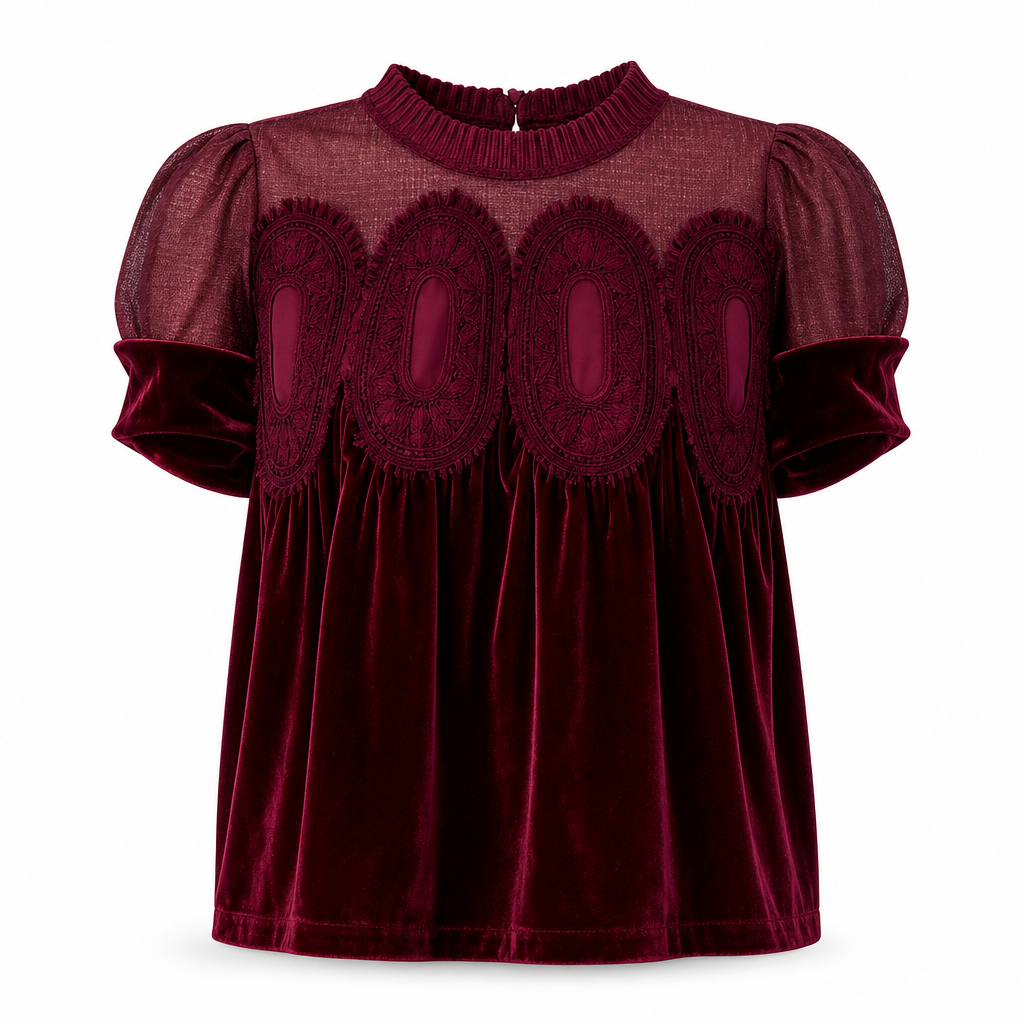 Who Says a Solid-Color Top Has to Be Boring? Women's Short Sleeve Blouse with a Charming Ruffle Collar, Delicate Lace Patchwork & Beautiful Pleated Details — A Lovely Way to Add Feminine Elegance to Your Everyday Wardrobe! 💕